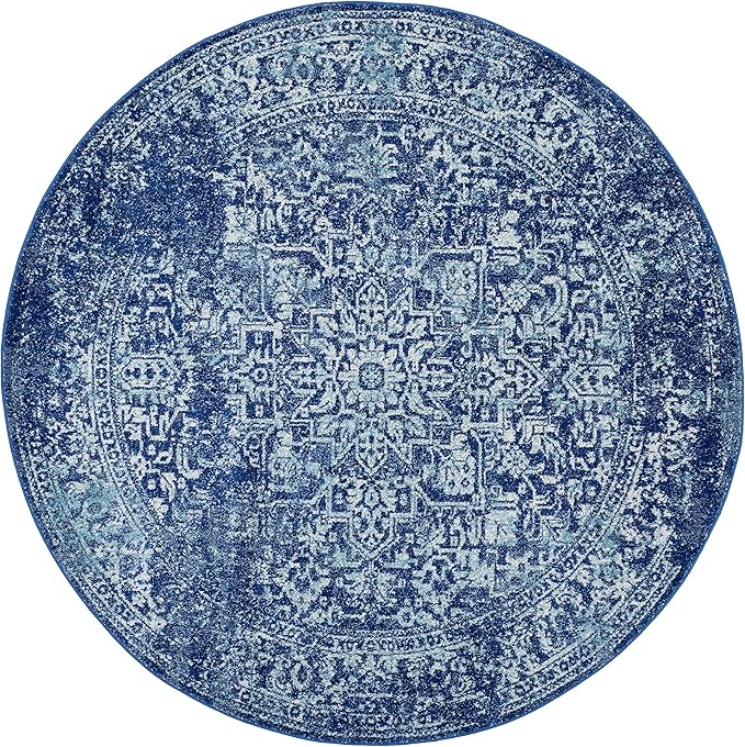 SAFAVIEH Evoke Collection Area Rug - 6'7" Round, Navy & Ivory, Distressed Design, Non-Shedding & Easy to Clean, Ideal for Living Room, Bedroom, Dining Space (EVK256A)