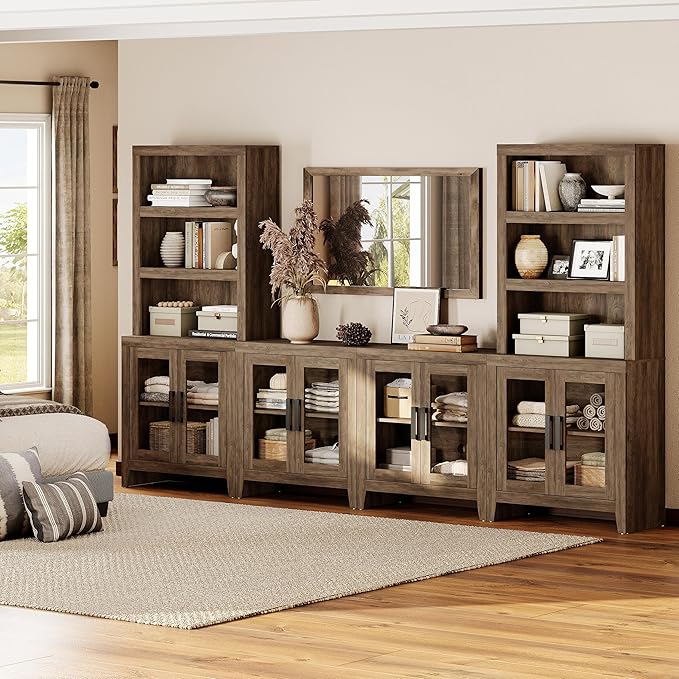 WAMPAT Farmhouse Entertainment Center with Bookshelves, 4-Piece Modular TV Stand with Storage Towers, Glass Doors, Open Shelves, Media Console for Living Room, Home Theater, Brown