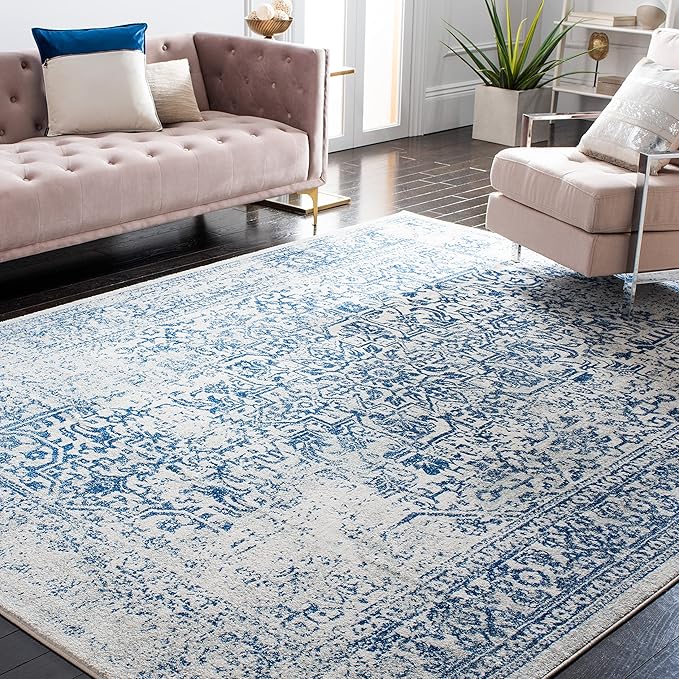 SAFAVIEH Area Rug 9x12 - Evoke Collection - Large - Ivory & Navy, Distressed Design, Non-Shedding & Easy to Clean, Ideal for Living Room, Bedroom, Dining Space (EVK256N)