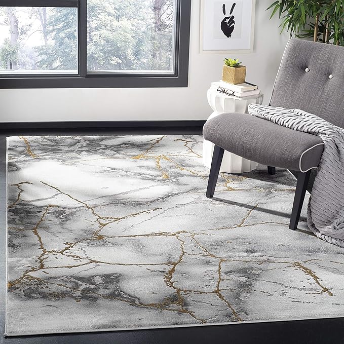SAFAVIEH Craft Collection Area Rug - 4' Square, Grey & Gold, Modern Abstract Design, Non-Shedding & Easy Care, Ideal for High Traffic Areas in Living Room, Bedroom (CFT877F)