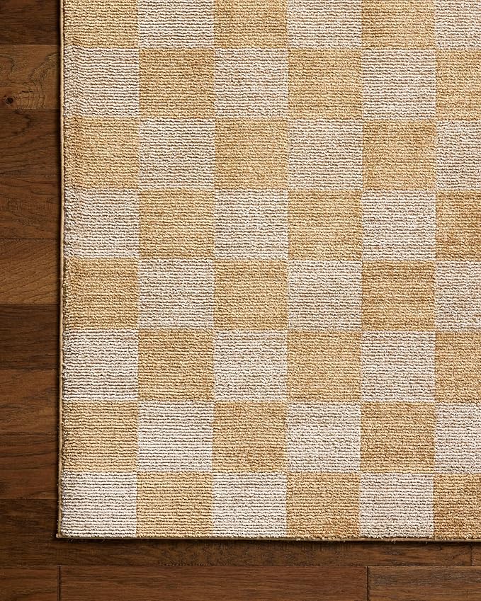 Loloi Chris Loves Julia Calvin Collection CLV-01 Apricot/Ivory 6'-3" x 9'-6" Area Rug Checkered Neutral Soft Living Room Bedroom Carpet