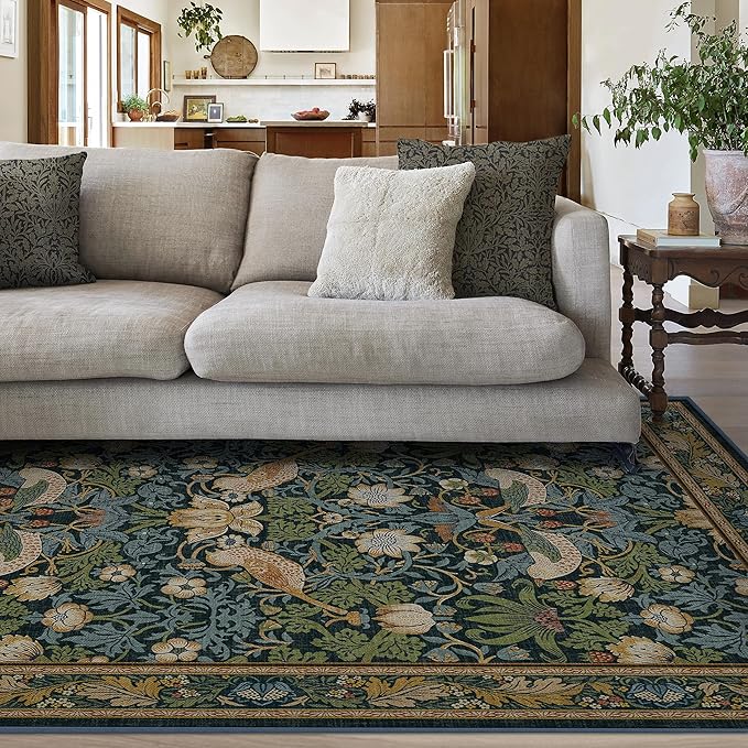 RUGGABLE x Morris & Co Washable Area Rug– Strawberry Thief Indigo 5x7, Stain-Resistant, Non-Slip – Medium Machine Washable Rugs for Living Room, Bedroom, Hallway, Entryway & Office–with Cushioned Pad