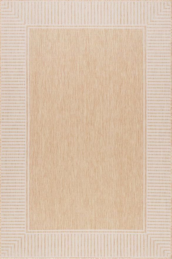 nuLOOM 6' 7" x 9' Outdoor/Indoor Asha Area Rug, Tan, Casual Design with Striped Border, Stain Resistant, Highly Durable, for Patio, Balcony, Bedroom, Living Room, Dining Room, Bathroom