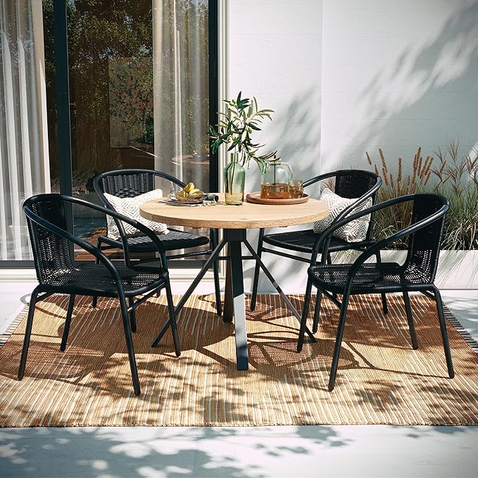 EMMA + OLIVER Set of 4 Modern Rattan Indoor/Outdoor Stack Chairs, Stacking Rattan Patio Chairs with Curved Back and Cross Bracing, Black