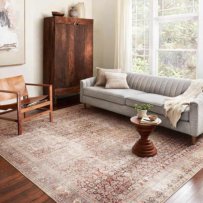 Loloi Layla Collection LAY-11 Cinnamon/Sage 2'-0" x 5'-0" .13" Thick Accent Rug, Soft, Durable, Vintage Inspired, Distressed, Low Pile, Non-Shedding, Easy Clean, Printed, Living Room Rug