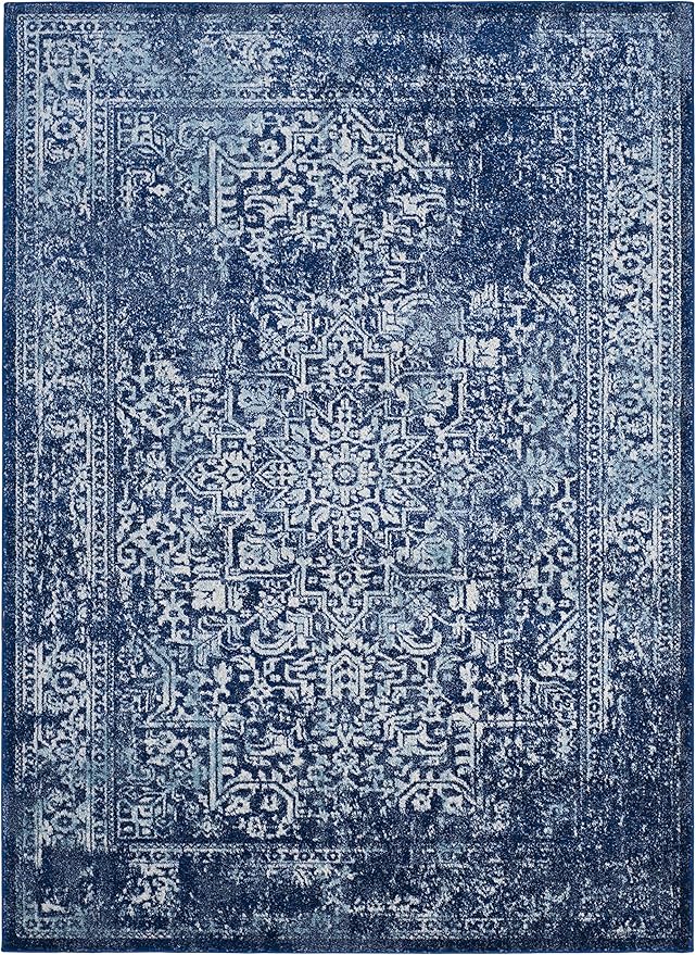 SAFAVIEH Evoke Collection Area Rug - 6'7" x 9', Navy & Ivory, Distressed Design, Non-Shedding & Easy to Clean, Ideal for Living Room, Bedroom, Dining Space (EVK256A)