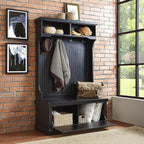 Crosley Furniture Seaside Hall Tree with Shoe Rack Bench and Coat Hooks for Hanging Storage, Distressed Black