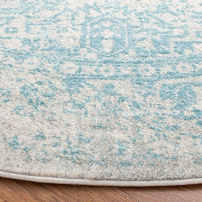 SAFAVIEH Evoke Collection Area Rug - 3' Round, Ivory & Aqua, Distressed Design, Non-Shedding & Easy to Clean, Ideal for Foyer, Bedroom, Accent Space (EVK256J)
