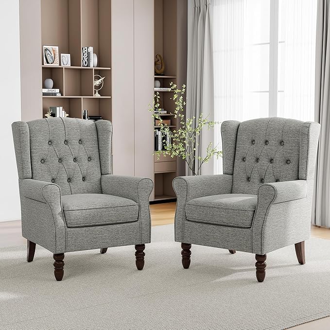 Pia Ricco High Back Floral Accent Chair - Retro Wingback Upholstered Armchair with Nailhead Trim, Solid Wood Legs, Fabric Living Room Bedroom Reading Chair (Light Gray)