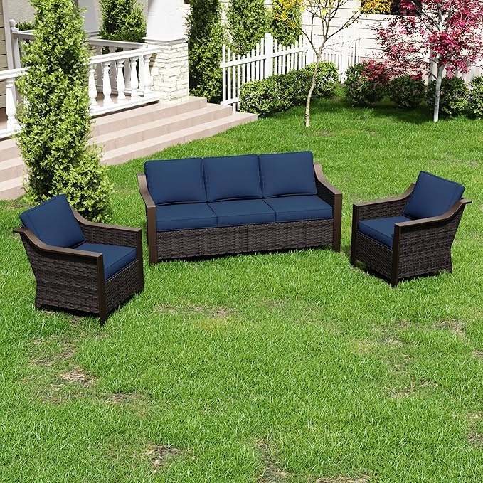 3 Pieces Outdoor Patio Conversation Furniture Set - 75" 3-seat Sofa | 2 Wicker Chairs, Deep Seat Couch, Removable Cushions, PE Rattan, Metal armrests, Yard (Navy Blue)