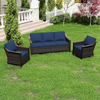 3 Pieces Outdoor Patio Conversation Furniture Set - 75" 3-seat Sofa | 2 Wicker Chairs, Deep Seat Couch, Removable Cushions, PE Rattan, Metal armrests, Yard (Navy Blue)