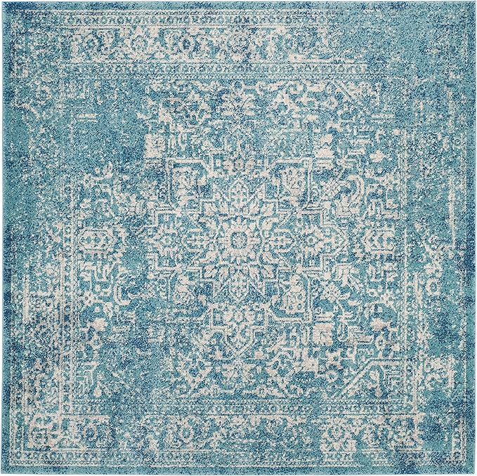 SAFAVIEH Evoke Collection Area Rug - 5'3" Square, Blue & Ivory, Distressed Design, Non-Shedding & Easy to Clean, Ideal for Living Room, Bedroom, Dining Space (EVK256C)