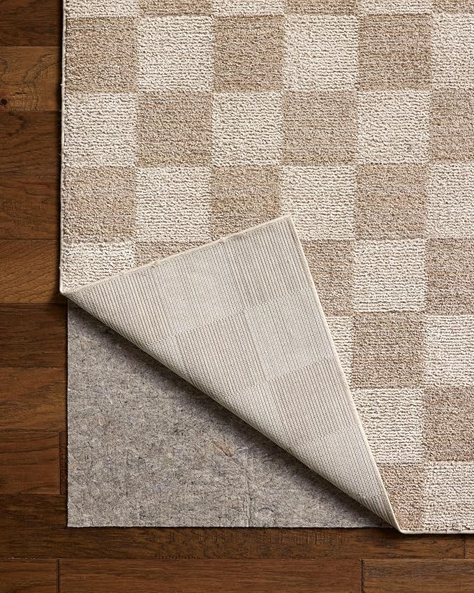 Loloi Chris Loves Julia Calvin Collection CLV-01 Pebble/Ivory 2'-7" x 7'-6" Runner Rug Checkered Neutral Soft Living Room Bedroom Carpet