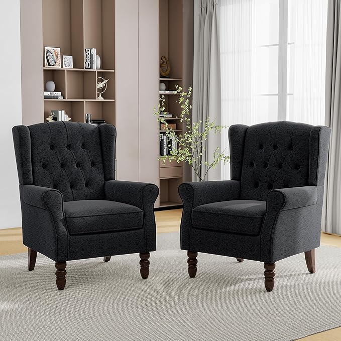 Mid-Century Modern 2-Piece Wingback Chair Set - Plush Upholstered Accent Chairs with Solid Wood Legs, High Back Lounge Seating for Living Room, Bedroom & Office - Retro Matched Pair (Bluish Black)