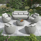 6 Pieces Deck Patio Furniture Set: Hand Woven Rope, Rusrproof Aluminum Frame, Weather Resistant, Thick Cushions, No Assembly, Comfy Outdoor Conversation Sofa Set for Porch Yard Lawn Hotel - Gray