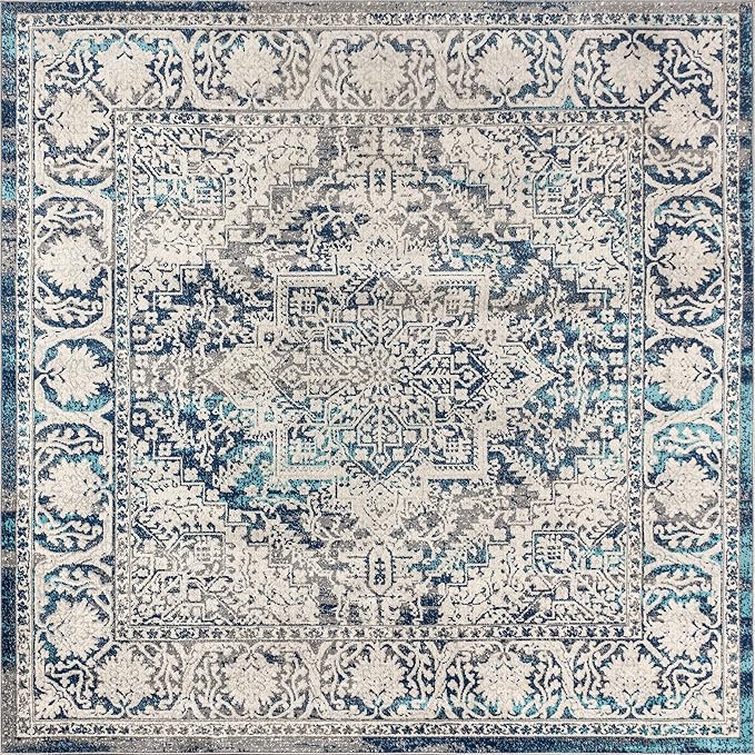 JONATHAN Y Modern Vintage Medallion Navy/Light Gray 9x9 Square Indoor Area Rug, Country, Floral, Easy-Cleaning for Living Room, Bedroom, Kitchen, Pet Friendly, Non-Shedding (MDP100B-9SQ)