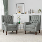High Back Accent Chairs Set of 2, High Wingback Chair for Living Room, Button-Tufted Upholstered Fabric Armchair with Solid Wood Legs, Comfy Single Sofa Reading Chair for Bedroom, Gray