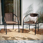 EMMA + OLIVER Set of 4 Modern Rattan Indoor/Outdoor Stack Chairs, Stacking Rattan Patio Chairs with Curved Back and Cross Bracing, Brown