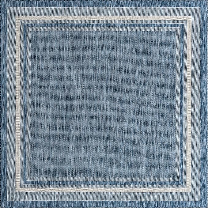 Unique Loom Outdoor Border Collection Area Rug - Soft Border (7' 10" Square, Blue/ Ivory)
