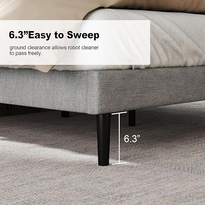 King Size Bed Frame with Fabric Upholstered Headboard, Platform Bed with Wooden Slats Support, Fully Mattress Foundation, Box Spring Optional, Easy Assembly