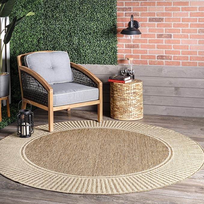 nuLOOM 6' 7" x 9' Outdoor Area Rug, Casual Design With Striped Border, Stain Resistant, Highly Durable, For Patio, Balcony, Bedroom, Living Room, Dining Room, Bathroom, Light Brown