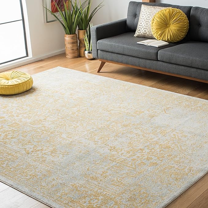 SAFAVIEH Evoke Collection Area Rug - 8' Square, Ivory & Gold, Distressed Design, Non-Shedding & Easy to Clean, Ideal for Living Room, Bedroom, Dining Space (EVK256B)