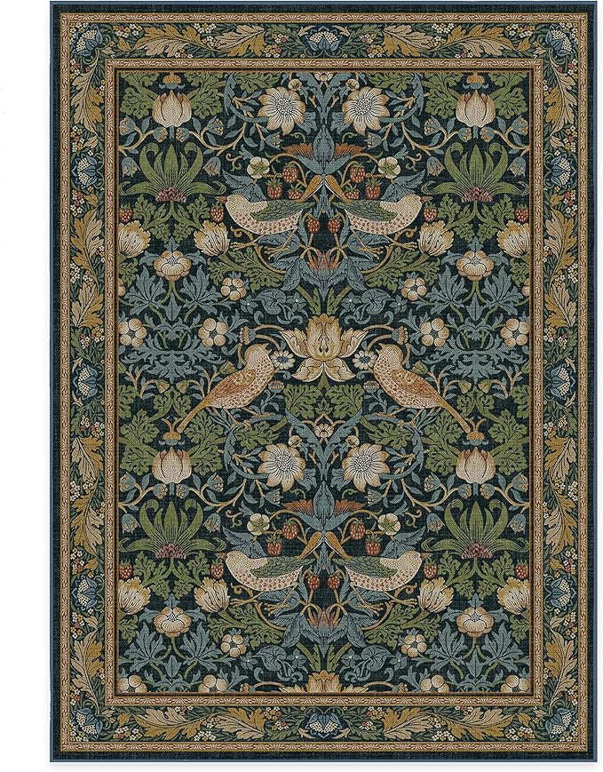 RUGGABLE x Morris & Co Washable Area Rug– Strawberry Thief Indigo 5x7, Stain-Resistant, Non-Slip – Medium Machine Washable Rugs for Living Room, Bedroom, Hallway, Entryway & Office–with Cushioned Pad