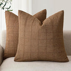 Foindtower Set of 2 Decorative Linen Check Throw Pillow Covers Neutral Farmhouse Vintage Cushion Covers Modern Boho Home Decor for Sofa Chair Couch Bedroom Living Room,16×16 Inch,Brown Hazel