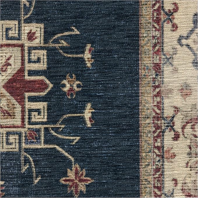RUGGABLE Washable Vintage Runner Rug – Verena Sapphire 2.5x10, Stain-Resistant, Non-Slip Hallway Runner – Machine Washable Rug for Hallway, Entryway, Living Room & Kitchen–with Standard Pad
