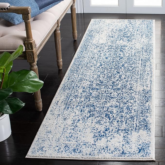 SAFAVIEH Evoke Collection Runner Rug - 2'2" x 7', Ivory & Navy, Distressed Design, Non-Shedding & Easy to Clean, Ideal for Foyer, Bedroom, Kitchen, Hallway (EVK256N)