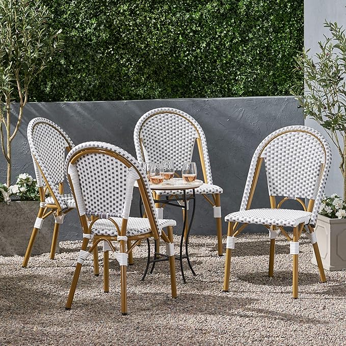 Christopher Knight Home Philomena Outdoor French Bistro Chair (Set of 4), Gray + White + Bamboo Print Finish
