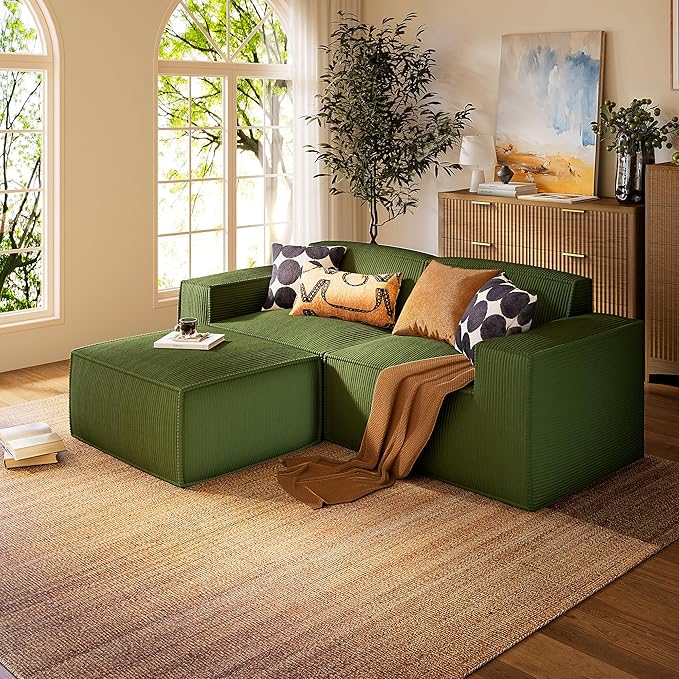 Marsail Modular Sectional Sofa, 80" L-Shaped Modular Sectional Couch with Deep Seat, Freely Combinable Sectional Clound Sofa for Living Room, No Assembly, Plush Corduroy Fabric, Green