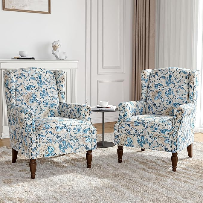 Floral Wingback Accent Chairs Set of 2, High Back Upholstered Armchair, Comfy Fabric Wingback Arms Chairs with Retro Solid Wood Legs, Single Sofa Reading Chair for Bedroom Living Room, Boho Blue