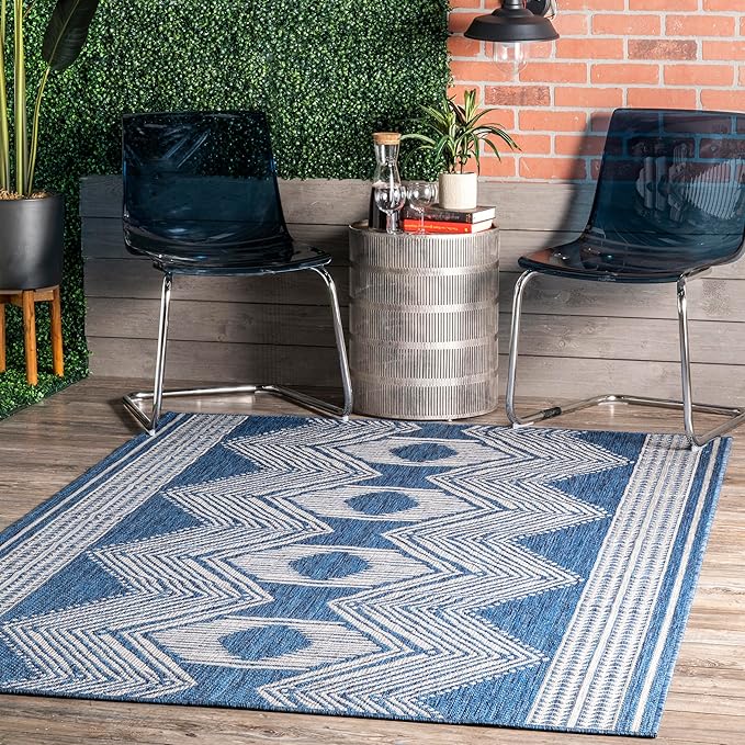 nuLOOM 3'6" x 5' Outdoor Tribal Geometric Area Rug, Stain Resistant, Weather Resistant, High Traffic, Patio, Balcony, Outside, Ranya Blue