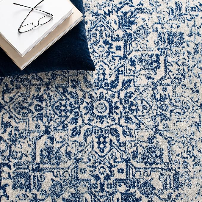 SAFAVIEH Area Rug 9x12 - Evoke Collection - Large - Ivory & Navy, Distressed Design, Non-Shedding & Easy to Clean, Ideal for Living Room, Bedroom, Dining Space (EVK256N)