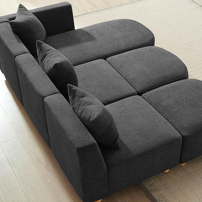 VANOMi 109.84" Modular Sectional Sofa with 3 Pillows, Convertible 5-Seater Comfy Boucle Cloud Couch with Ottoman, Modern Sectional Sofas for Living Room, Office, Apartment (Dark Gray)