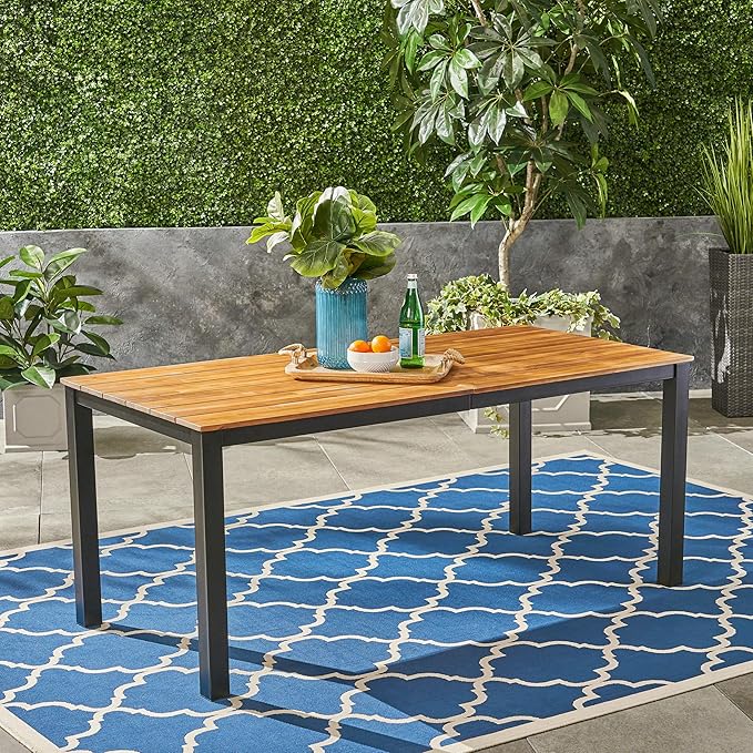 Christopher Knight Home Zak Outdoor 71" Acacia Wood Dining Table, Teak Finish, Black