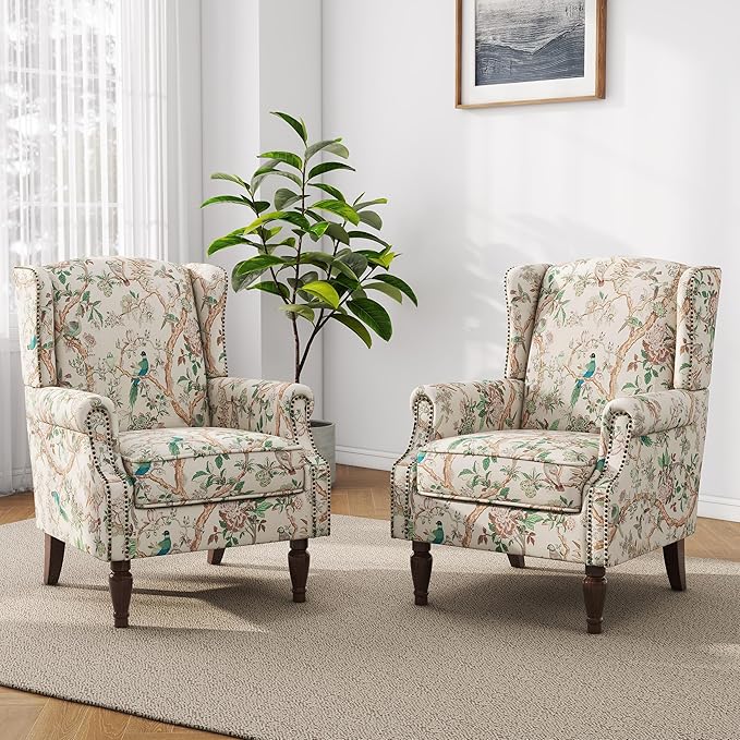 Accent Chair, Upholstered High Back Floral Armchair with Nailhead Trim & Wood Legs, Comfy Wingback Reading Single Sofa Chair for Small Spaces, Living Room, Bedroom (Bird Floral, Set of 2)