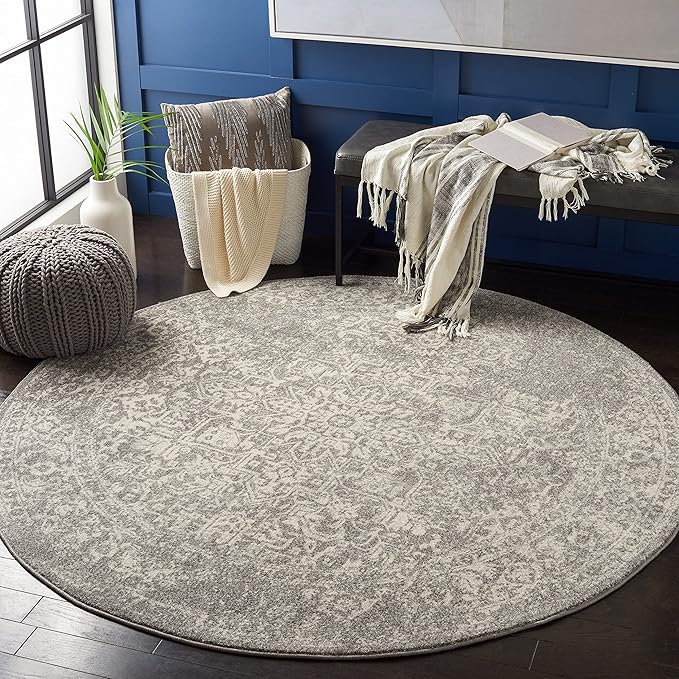 SAFAVIEH Evoke Collection 6'7" Round Silver / Ivory EVK256S Oriental Distressed Non-Shedding Dining Room Entryway Foyer Living Room Bedroom Area Rug