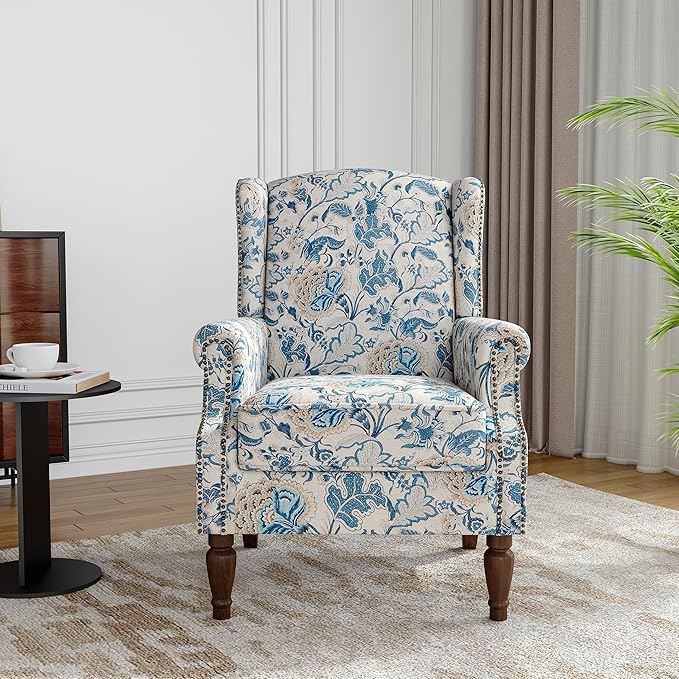Floral Wingback Accent Chairs Set of 2, High Back Upholstered Armchair, Comfy Fabric Wingback Arms Chairs with Retro Solid Wood Legs, Single Sofa Reading Chair for Bedroom Living Room, Boho Blue