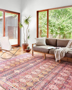 Loloi Layla Collection LAY-15 Magenta/Multi 2'-6" x 12'-0" .13" Thick Runner Rug, Soft, Durable, Vintage Inspired, Distressed, Low Pile, Non-Shedding, Easy Clean, Printed, Living Room Rug