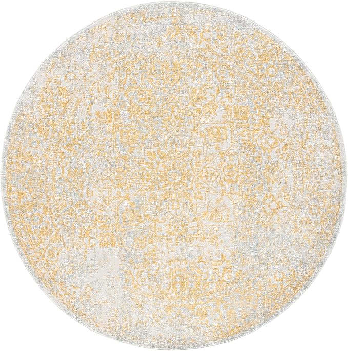 SAFAVIEH Evoke Collection Area Rug - 5'3" Round, Ivory & Gold, Distressed Design, Non-Shedding & Easy to Clean, Ideal for Living Room, Bedroom, Dining Space (EVK256B)