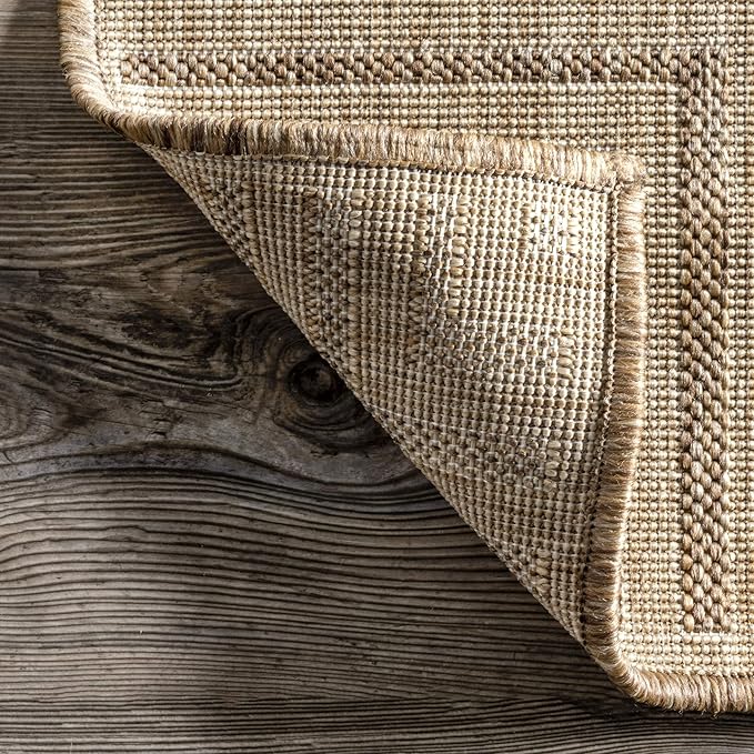 nuLOOM 6' 7" x 9' Outdoor Area Rug, Casual Design With Striped Border, Stain Resistant, Highly Durable, For Patio, Balcony, Bedroom, Living Room, Dining Room, Bathroom, Light Brown