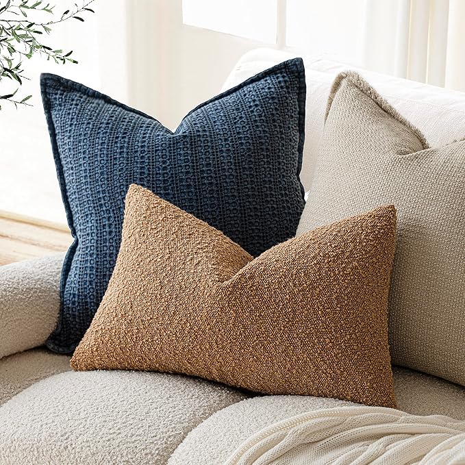 Foindtower Pack of 2 Textured Boucle Throw Pillow Covers Accent Solid Lumbar Pillow Cases Cozy Soft Decorative Couch Cushion Case for Chair Sofa Bedroom Living Room Home Decor, 12 x 20 Inch,Tobacco