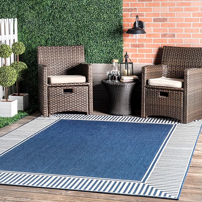 nuLOOM 4' x 6' Outdoor Area Rug, Casual Design With Striped Border, Stain Resistant, Highly Durable, For Patio, Balcony, Bedroom, Living Room, Dining Room, Bathroom, Navy
