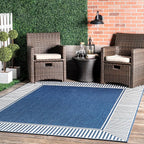 nuLOOM 8' Square Outdoor Area Rug, Casual Design with Striped Border, Stain Resistant, Highly Durable, for Patio, Balcony, Bedroom, Living Room, Dining Room, Bathroom, Navy