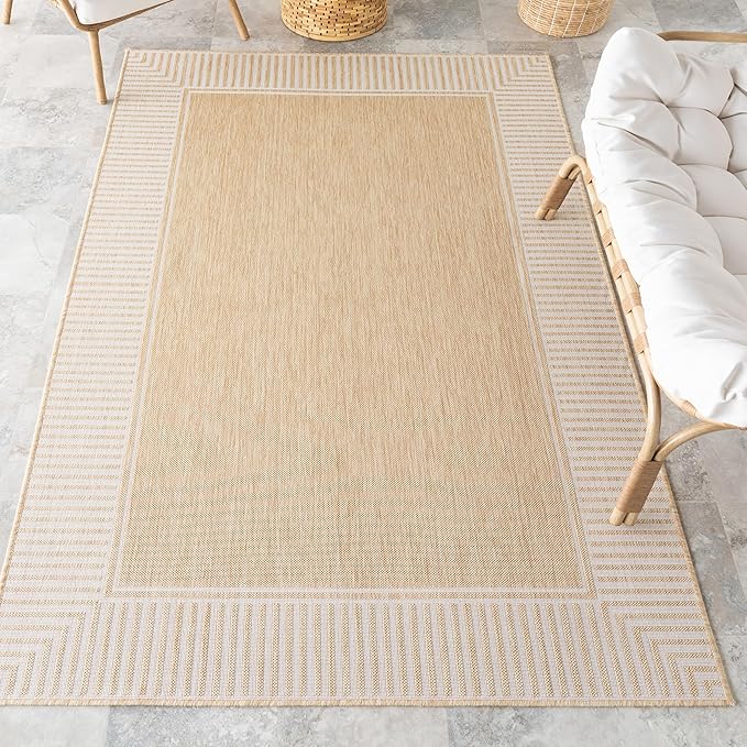nuLOOM 6' 7" x 9' Outdoor/Indoor Asha Area Rug, Tan, Casual Design with Striped Border, Stain Resistant, Highly Durable, for Patio, Balcony, Bedroom, Living Room, Dining Room, Bathroom