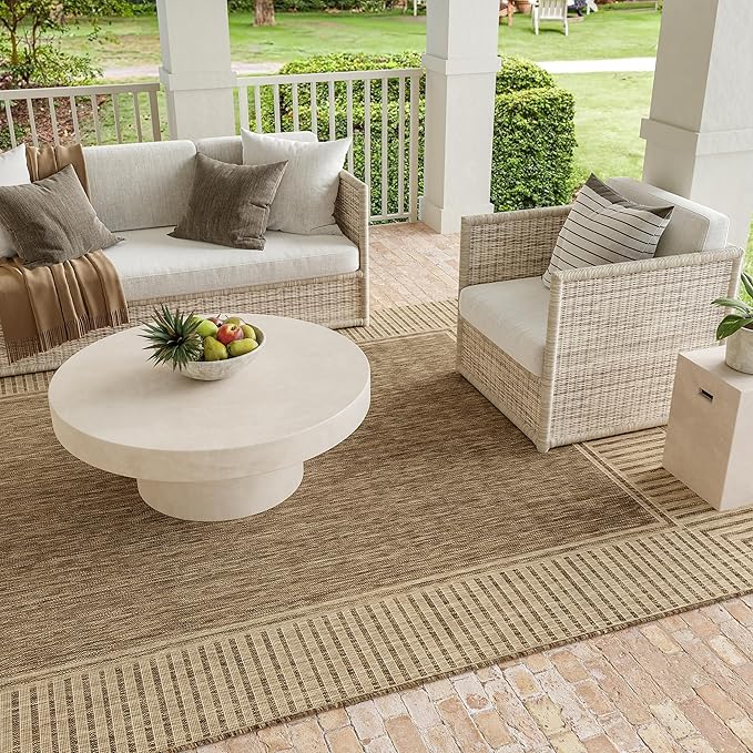 nuLOOM 3'6" x 5' Outdoor Area Rug, Casual Design With Striped Border, Stain Resistant, Highly Durable, For Patio, Balcony, Bedroom, Living Room, Dining Room, Bathroom, Light Brown