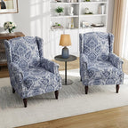Pia Ricco High Back Floral Accent Chair - Retro Wingback Upholstered Armchair with Nailhead Trim, Solid Wood Legs, Fabric Living Room Bedroom Reading Chair (Flower Navy)