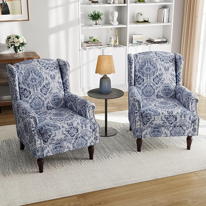 Pia Ricco High Back Floral Accent Chair - Retro Wingback Upholstered Armchair with Nailhead Trim, Solid Wood Legs, Fabric Living Room Bedroom Reading Chair (Flower Navy)